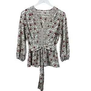 MAX STUDIO Womens S Floral Long Sleeve Peasant Tie Waist Elastic Sleeve Top
